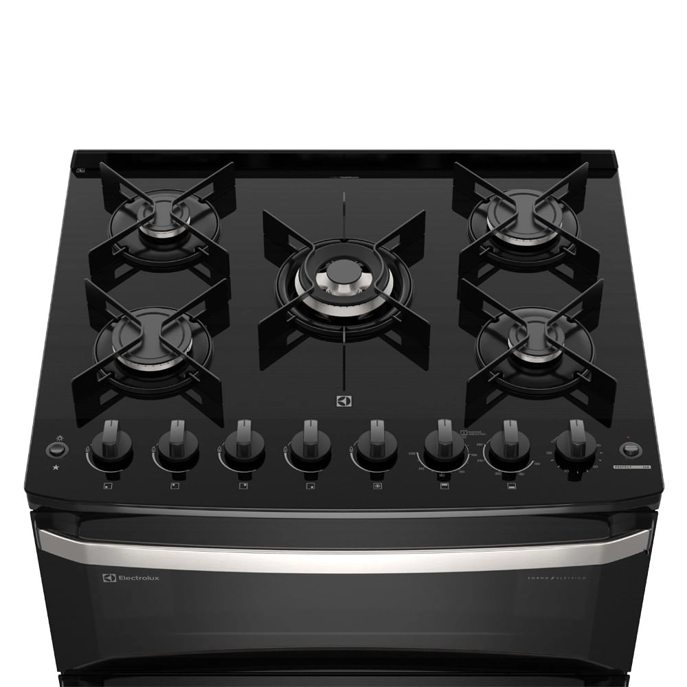 Fogão 5 bocas Electrolux Preto Experience com Duplo Forno, Mesa de Vidro e PerfectCook360 (FE5DP) 220V