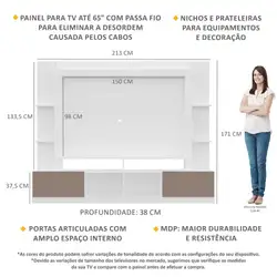 Rack Estante com Painel TV 65" e 2 portas Oslo Multimóveis Branco/Lacca Fumê