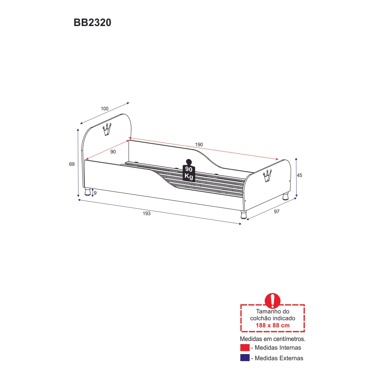 Cama Solteiro para colchão 88x188cm 100% MDF Majestade Multimóveis BB2320 Branco