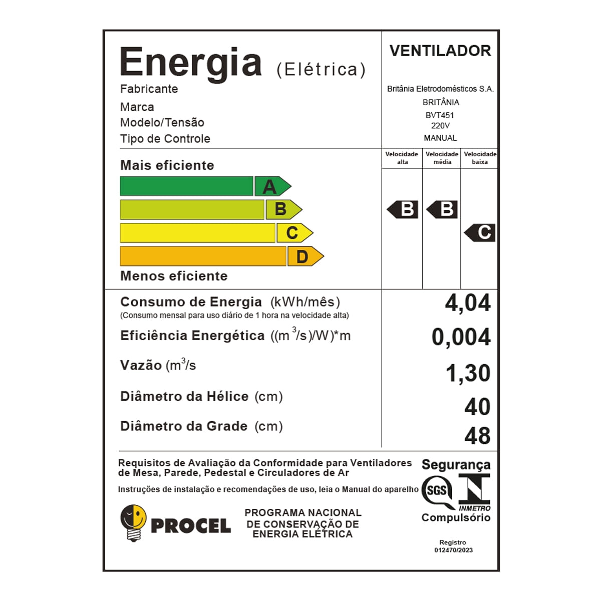 Ventilador de Coluna Britânia BVT451 Maxx Force 170W 220V