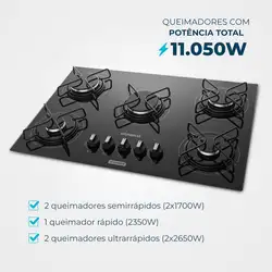 Cooktop a Gás 5 Bocas Mondial CTG-02 COOKTOP A GÁS-BIV-PRETO/PRATA