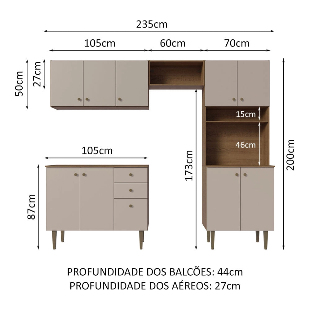 Armário de Cozinha Compacta 235cm Rustic/Crema Gourmet Madesa 01 Cor:Rustic/Crema