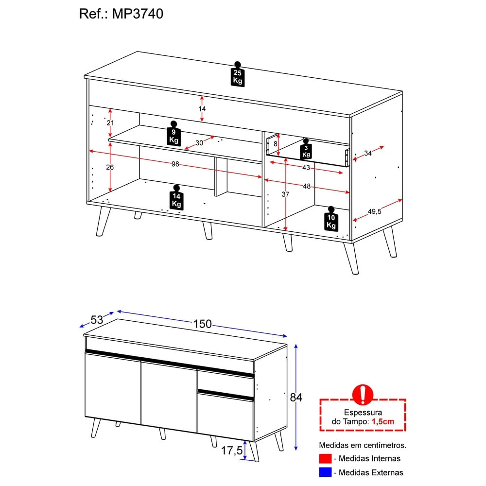 Balcão Cozinha Gabinete Pia 150 cm 3 Portas 1 Gaveta Veneza Multimóveis MP3740 Branco