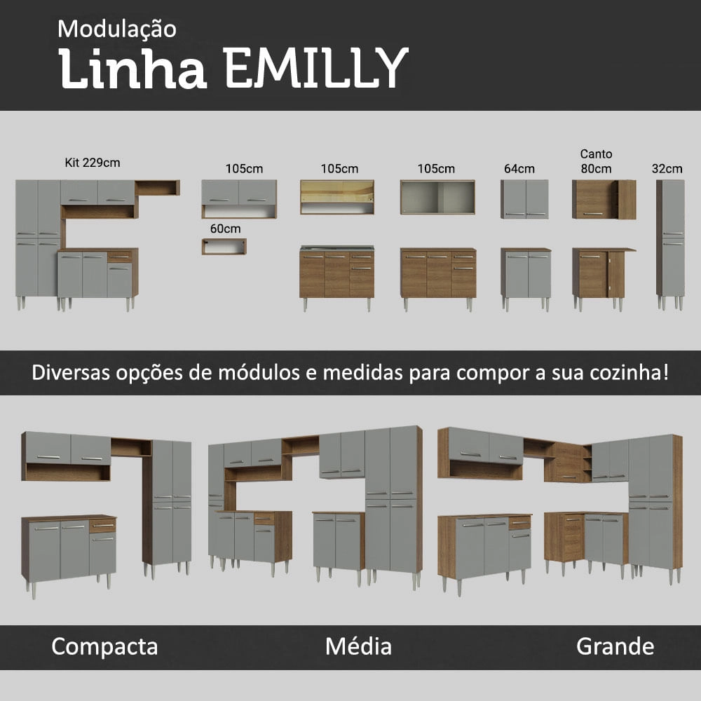 Cozinha Completa Madesa Emilly Pop com Armário e Balcão Rustic/Cinza Cor:Rustic Cinza