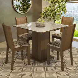 Conjunto Sala de Jantar Mesa Tampo de Vidro 4 Cadeiras Rustic/Crema/Bege Marrom Perla Madesa Cor:Rustic/Crema/Bege Marrom