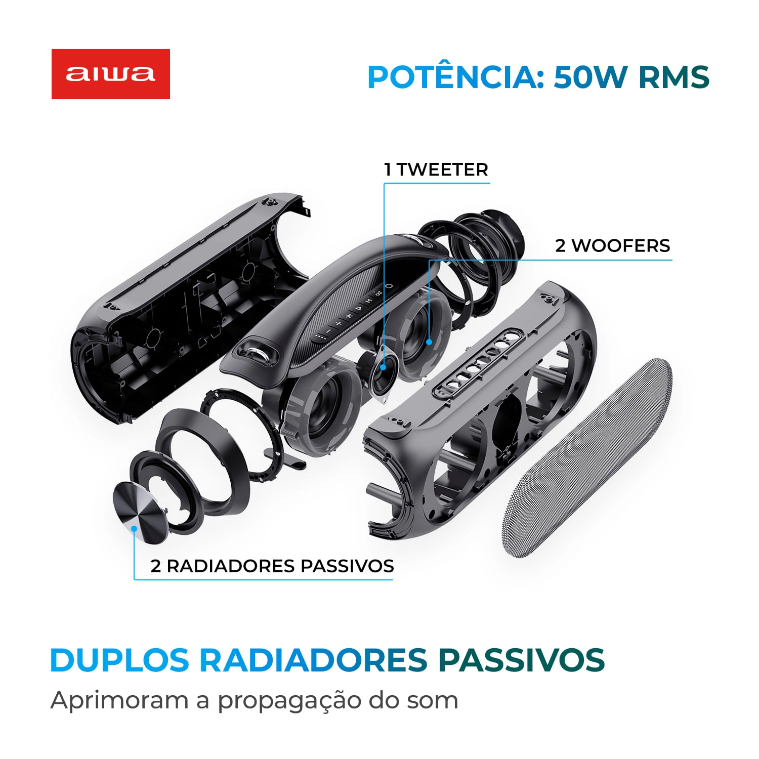 Caixa de Som Boombox AIWA AWS-BBS-02 50W BT 4H IPX5 RGB USB BOOMBOX AWS-BBS-02 BIVOLT