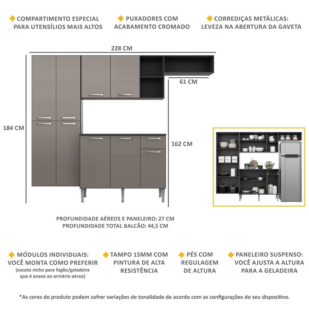 Armário de Cozinha Compacta com e Balcão com Tampo Pequim Sun Multimóveis Preta/Lacca Fumê