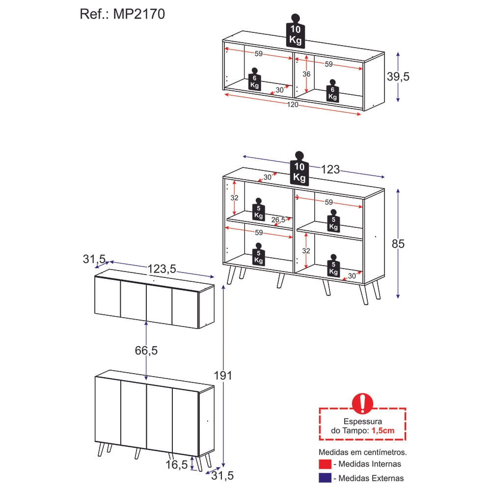 Kit Armário de Cozinha Aéreo e Balcão 4 Portas Retrô Multimóveis MP2170 Branco/Natural