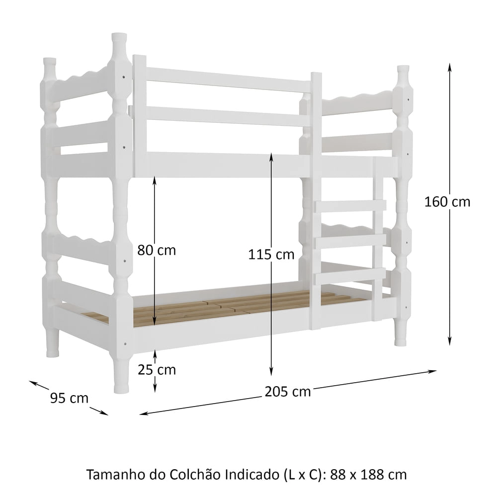 Beliche Madeira Maciça - vira 2 Camas - para Colchão 78/88 x 188cm Porto Multimóveis CR4138 Branco