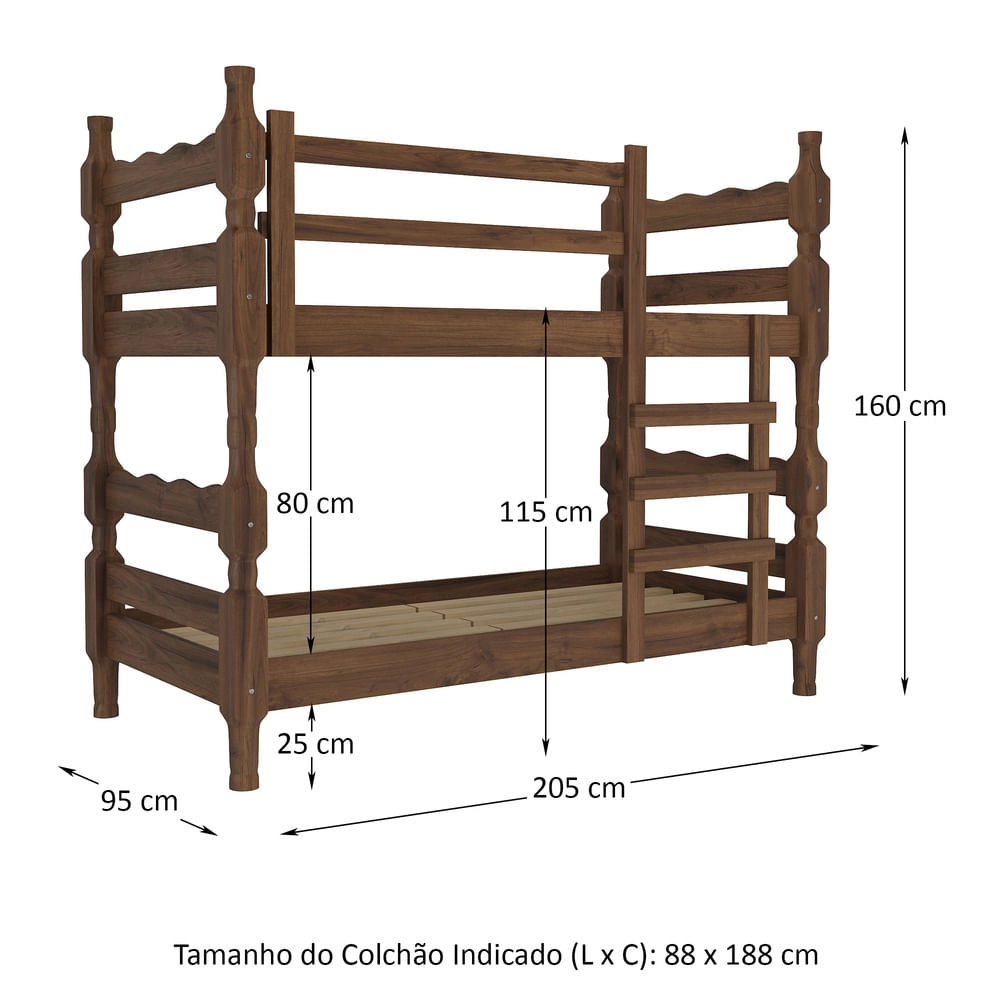 Beliche Madeira Maciça - vira 2 Camas - para Colchão 78/88 x 188cm Porto Multimóveis CR4138 Imbuia