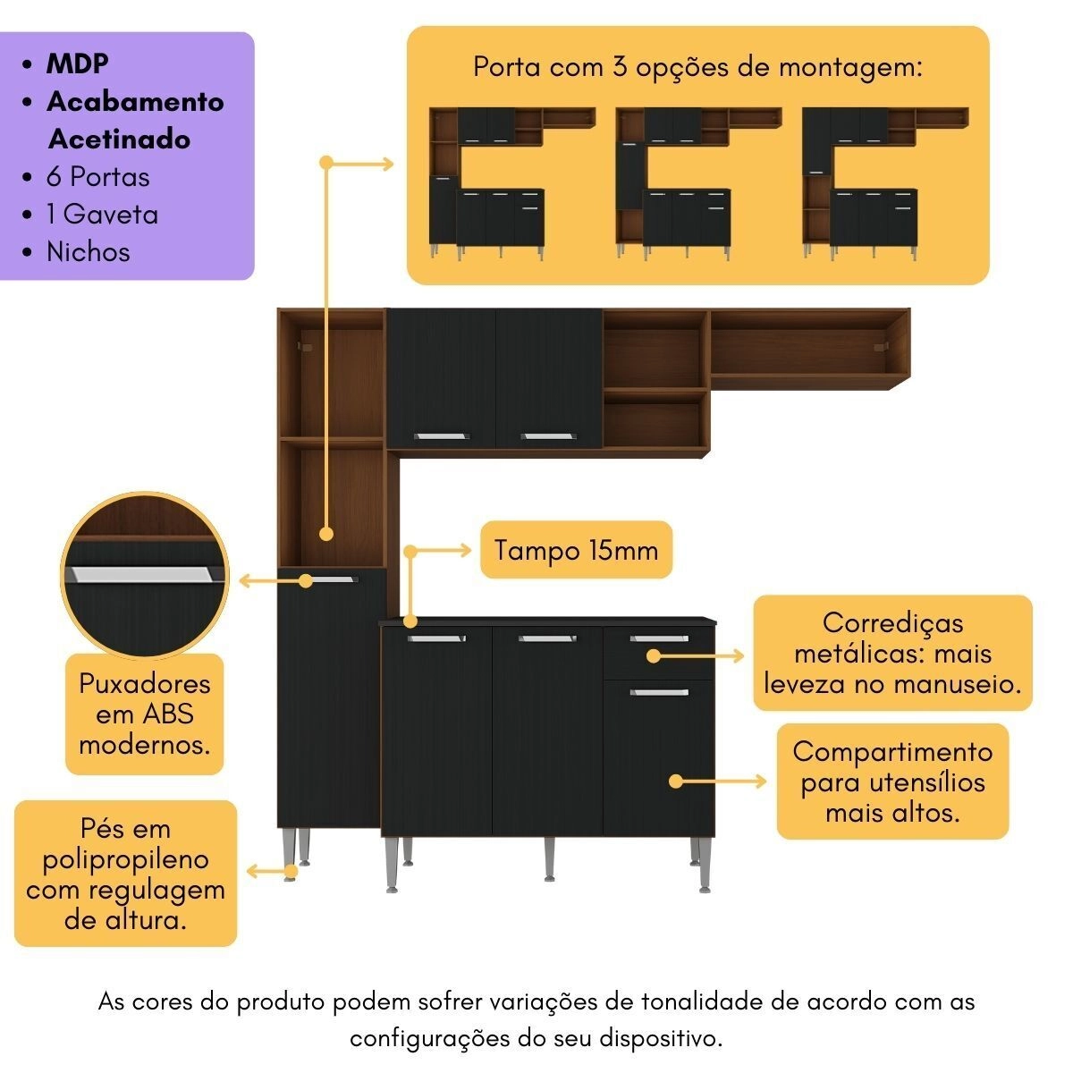 Armário de Cozinha Compacta Smart Multimóveis MP2183 Madeirado/Preto