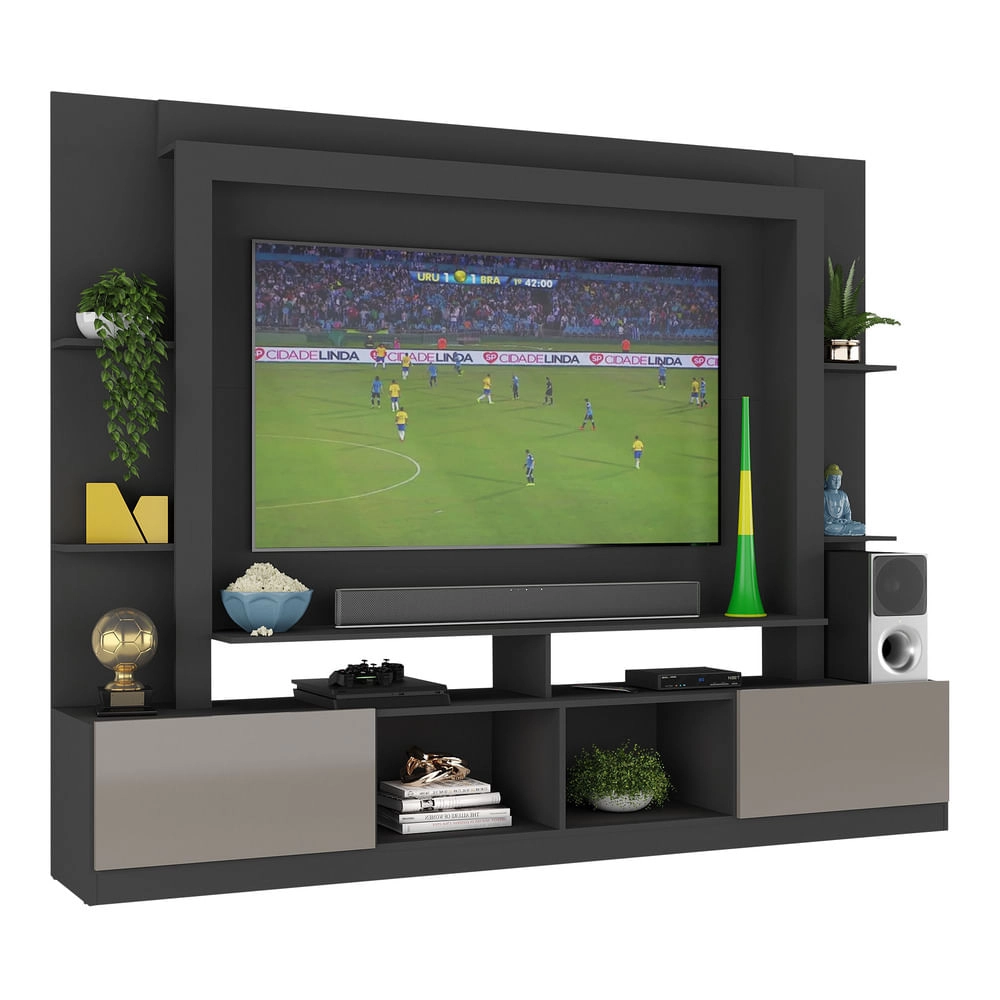 Rack Estante com Painel TV 65" e 2 portas Catar Multimóveis BR3395 Preto/Lacca Fumê