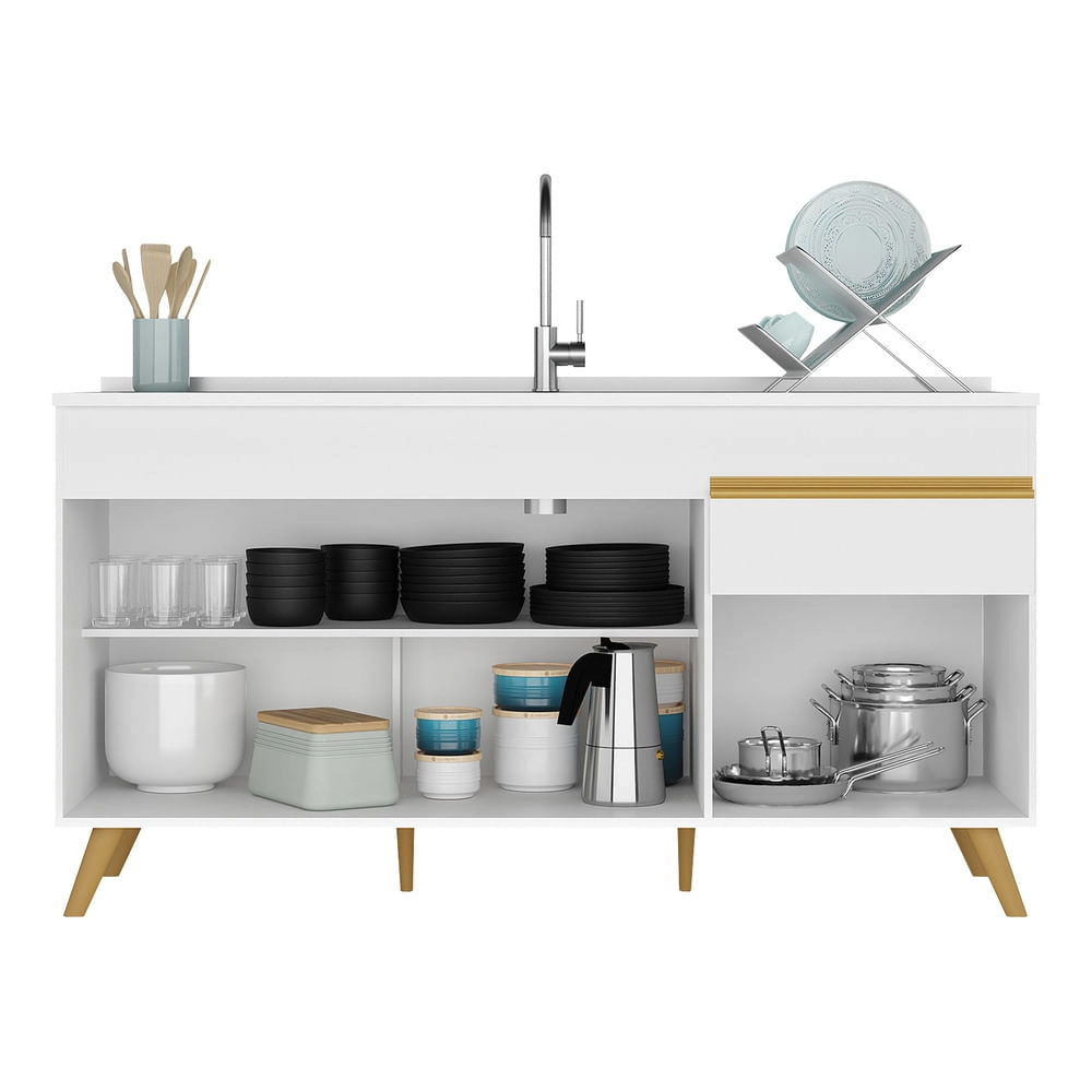 Balcão Cozinha Gabinete Pia 150 cm 3 Portas 1 Gaveta Veneza Multimóveis MP2072 Branco