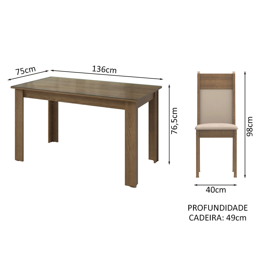 Conjunto Sala de Jantar Mesa Tampo de Vidro 6 Cadeiras Rustic/Crema/Bege Zoe Madesa Cor:Rustic/Crema/Bege