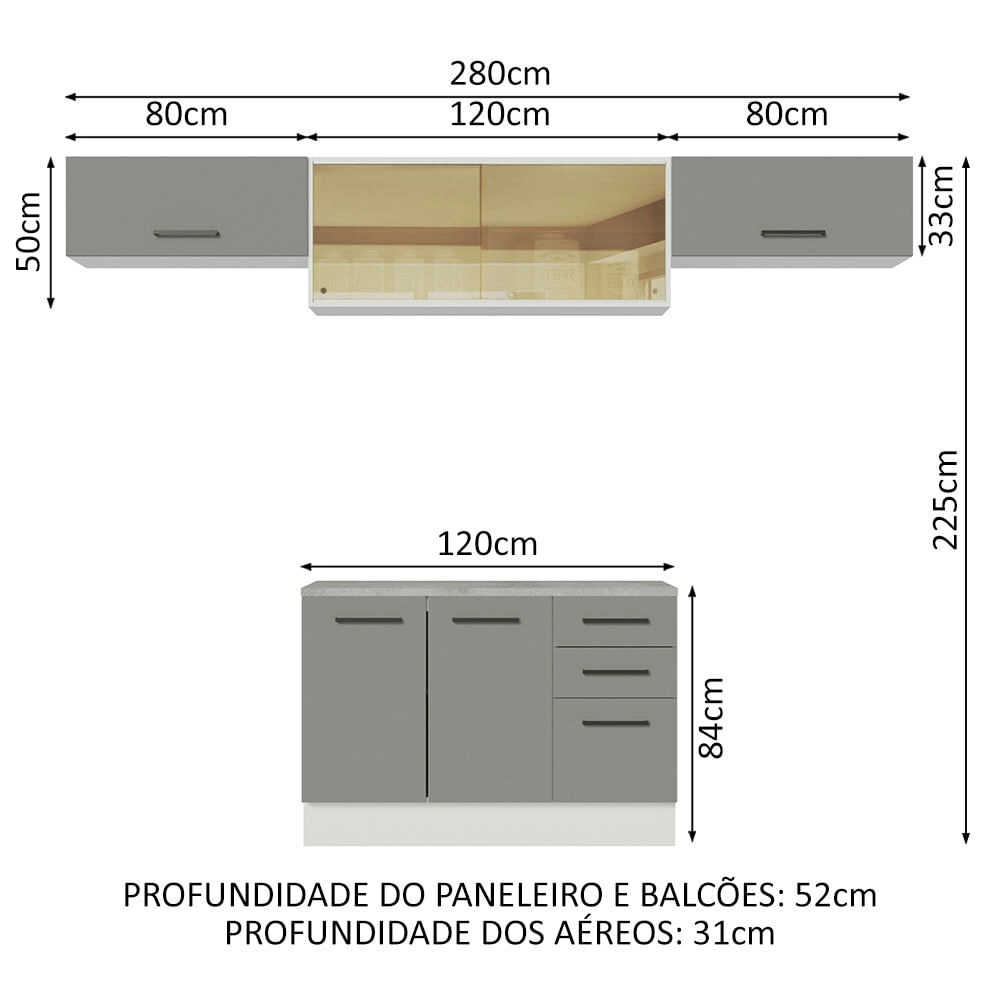 Cozinha Compacta Madesa Agata 280004 com Armário e Balcão (Com Tampo) Branco/Cinza Cor:Branco Cinza