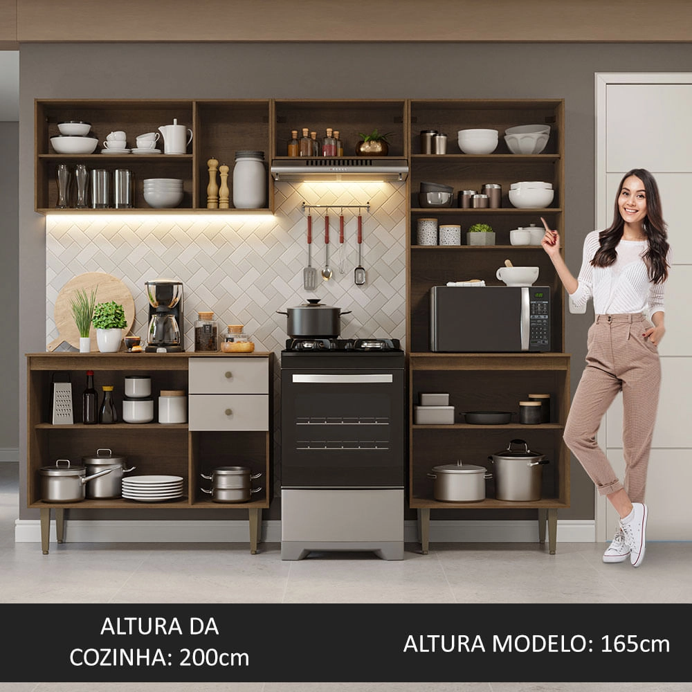 Armário de Cozinha Compacta 235cm Rustic/Crema Gourmet Madesa 01 Cor:Rustic/Crema