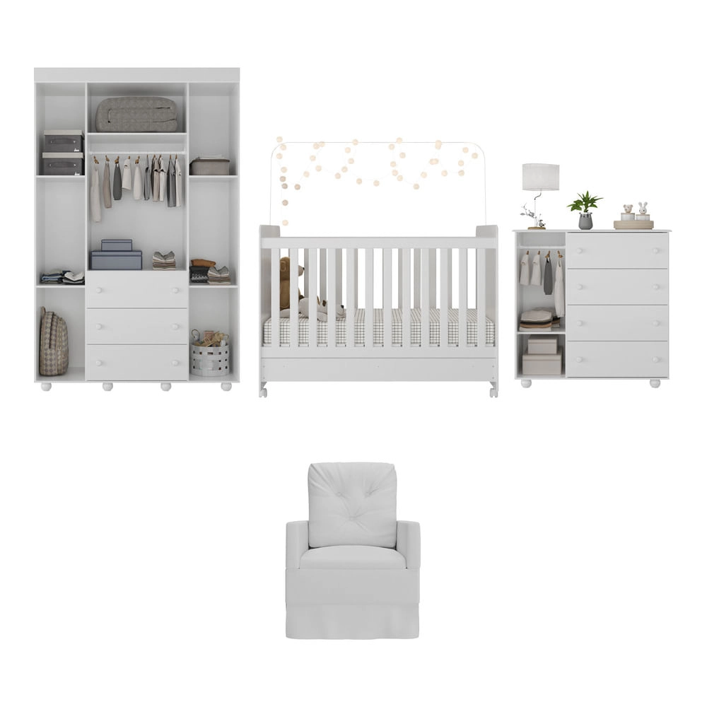 Quarto Completo com Colchão e Poltrona de Amamentação Pimpolho Multimóveis MP4097 Branco