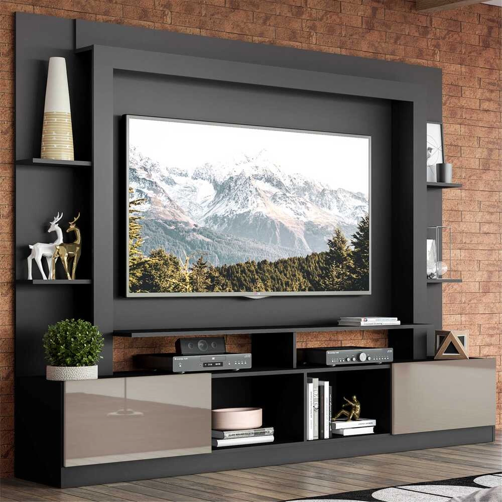 Rack Estante com Painel TV 65" e 2 portas Oslo Multimóveis Preto/Lacca Fumê