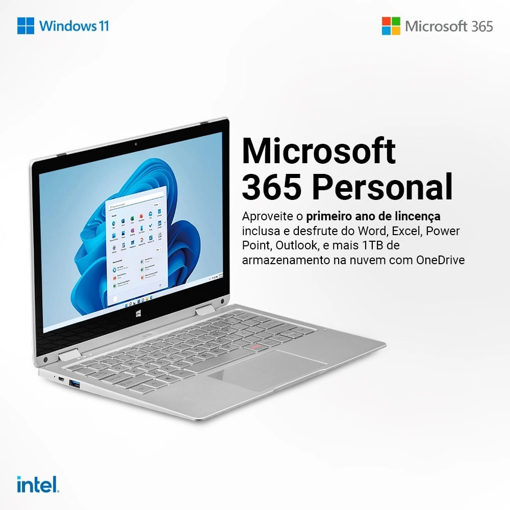 Notebook M11W Prime 2 em 1, com  Windows 11 Home, Processador Intel Celeron,  Tela 11,6 Pol + Microsoft 365 Personal e 1TB na Nuvem - PC280OUT PC280OUT