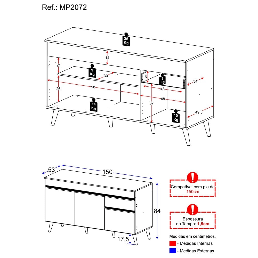 Balcão Cozinha Gabinete Pia 150 cm 3 Portas 1 Gaveta Veneza Multimóveis MP2072 Preto