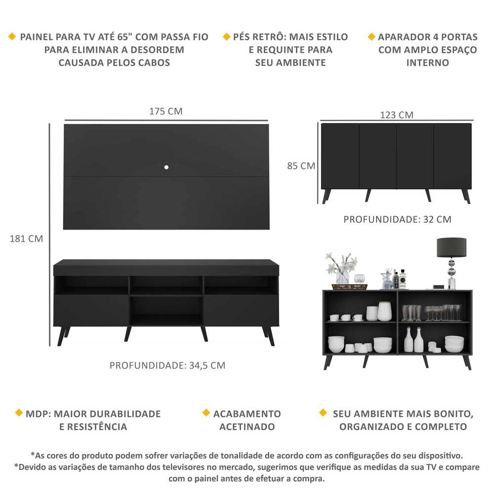 Conjunto Sala de Estar Rack + Painel TV 65" e Aparador Retrô Sofia Multimóveis Preto