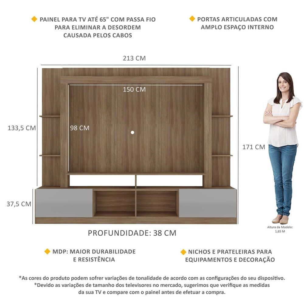 Rack Estante com Painel TV 65" e 2 portas Catar Multimóveis BR3395 Madeirado/Lacca Fumê