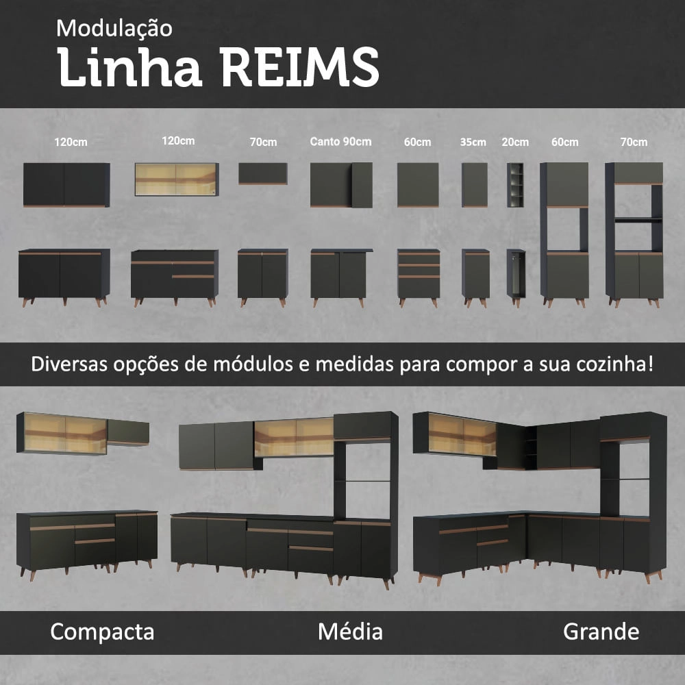 Kit Madesa Reims 60 cm com Armário Aéreo e Balcão com 3 Gavetas Preto Cor:Preto