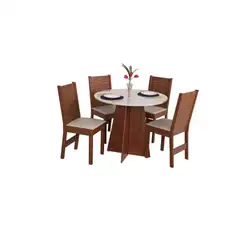 Conjunto Mesa 4 Cadeiras Redonda 90X90 Elane Naturale/Off Tec Bagum Bege MDF São Carlos