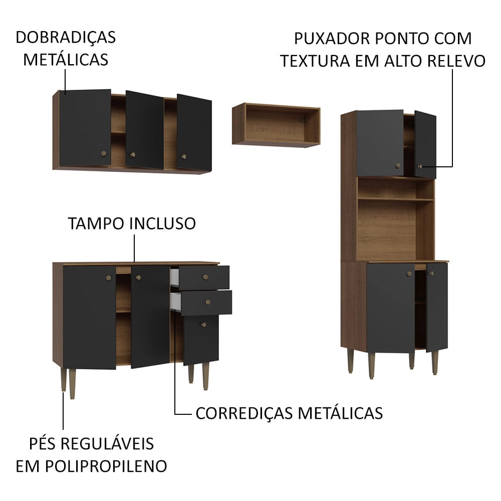 Armário de Cozinha Compacta 235cm Rustic/Preto Gourmet Madesa 01 Cor:Rustic/Preto