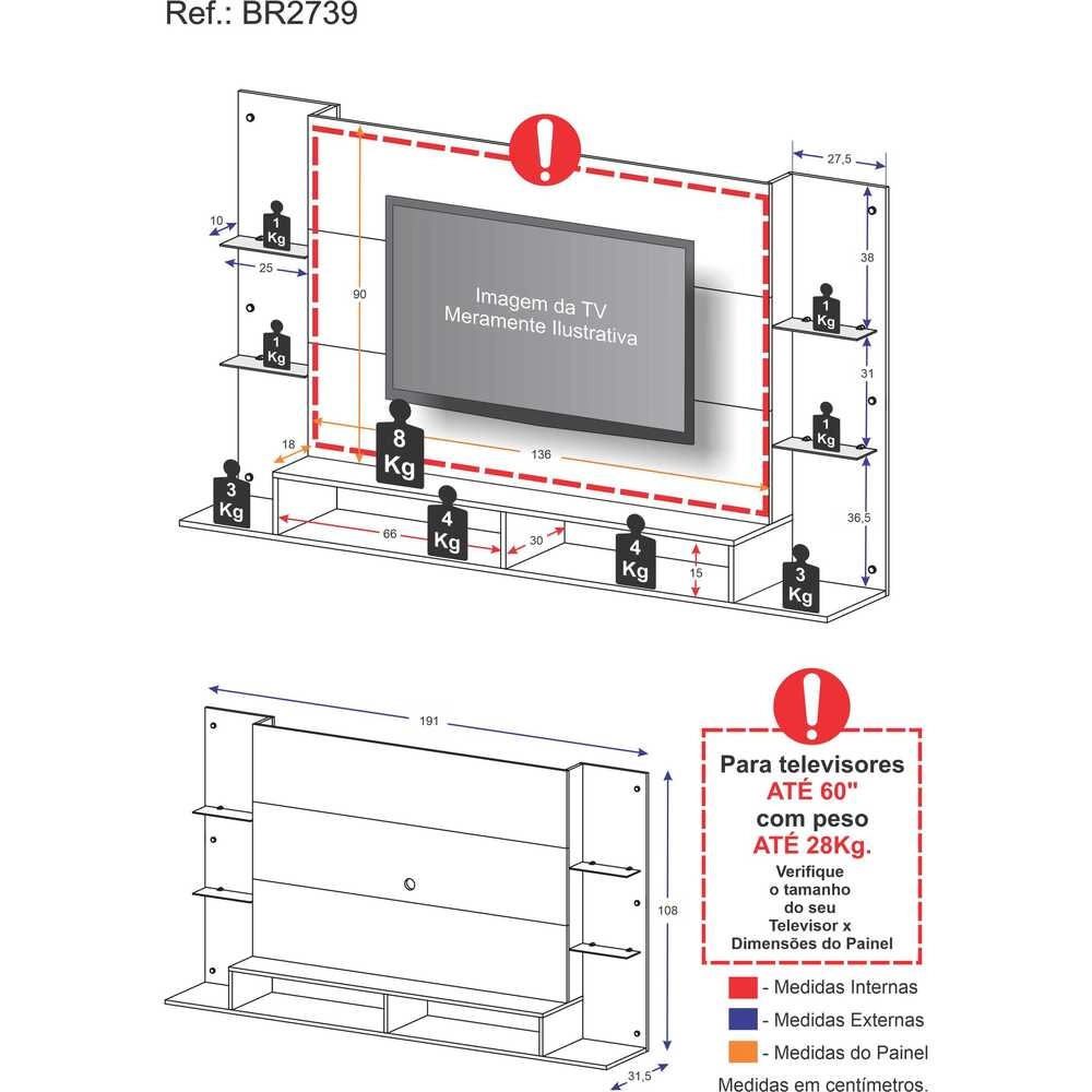 Painel TV 60" com prateleiras de vidro Brasil Multimóveis BR2739 Branco