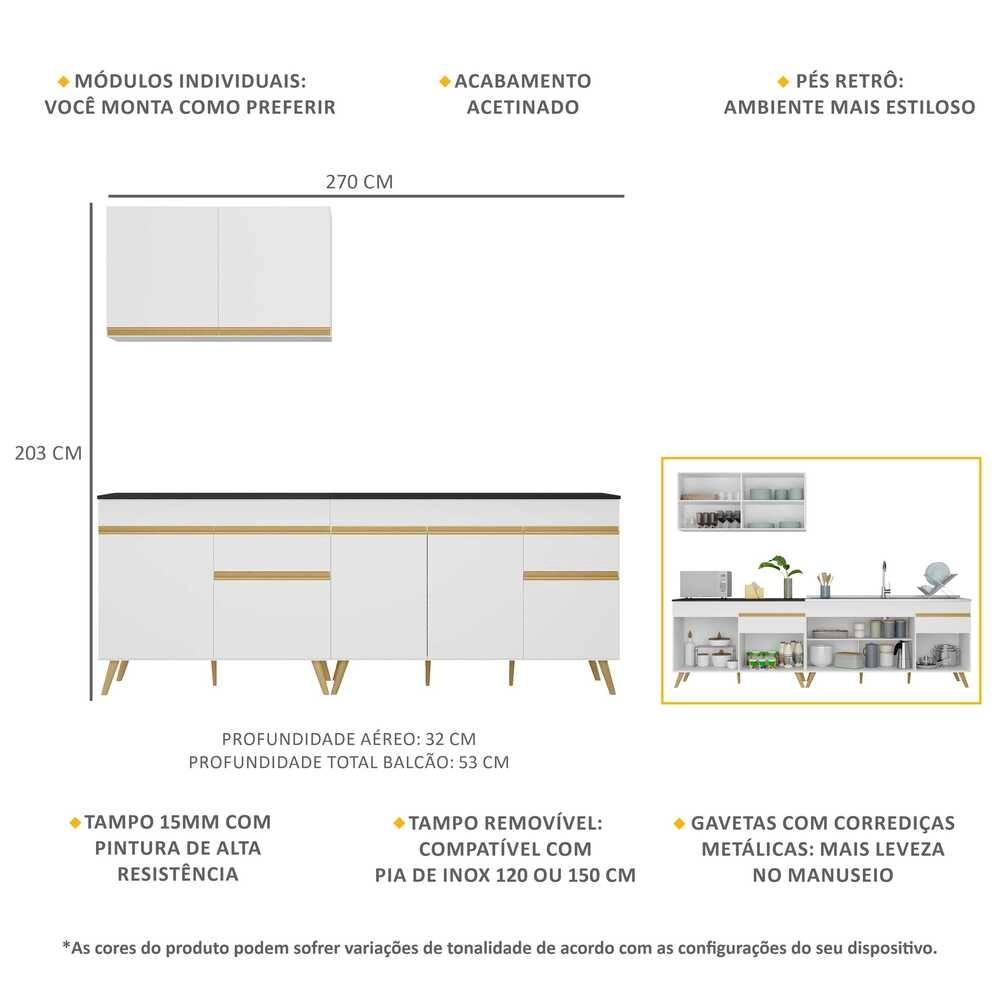 Armário de Cozinha Compacta Veneza Multimóveis MP2076 e Balcão Branca