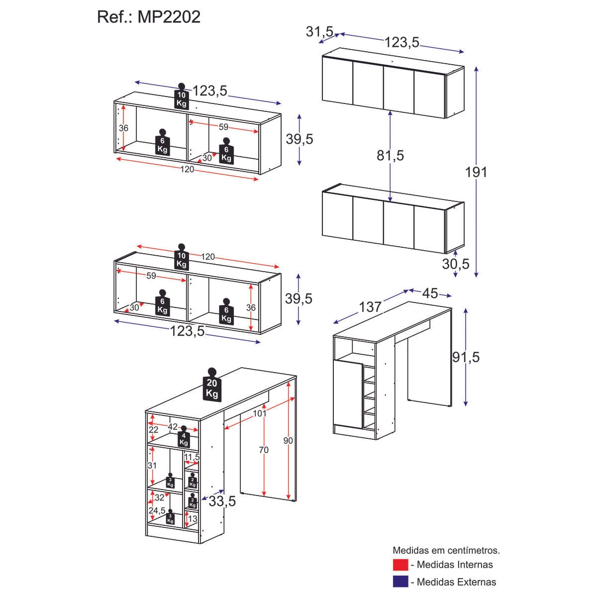 Armário de Cozinha com Bancada Americana/Mesa Gourmet Multimóveis MP2202 Preto