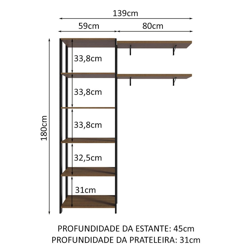 Estante Multiuso + Prateleiras para Lavanderia 139cm Rustic/Preto Madesa Cor:Rustic/Preto