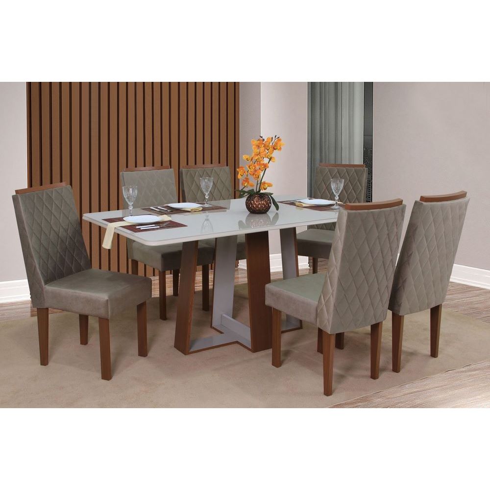 Sala Jantar 6 Cadeiras Retangular 160X90 Lais C/Vidro Naturale/Off Tec Pienza Bege MDF São Carlos