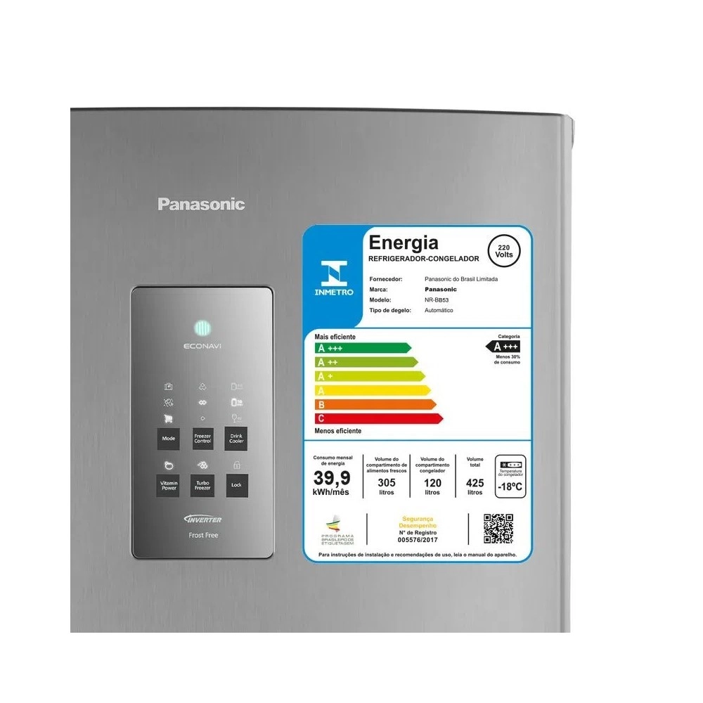 Geladeira Panasonic Frost Free NR-BB53PV3XB Inverter 425L Aço Escovado 220V