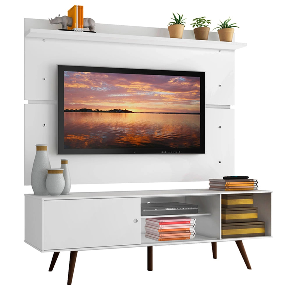 Rack Madesa Cairo e Painel para TV até 65 Polegadas com Pés de Madeira Branco/Rustic Cor:Branco/Rustic