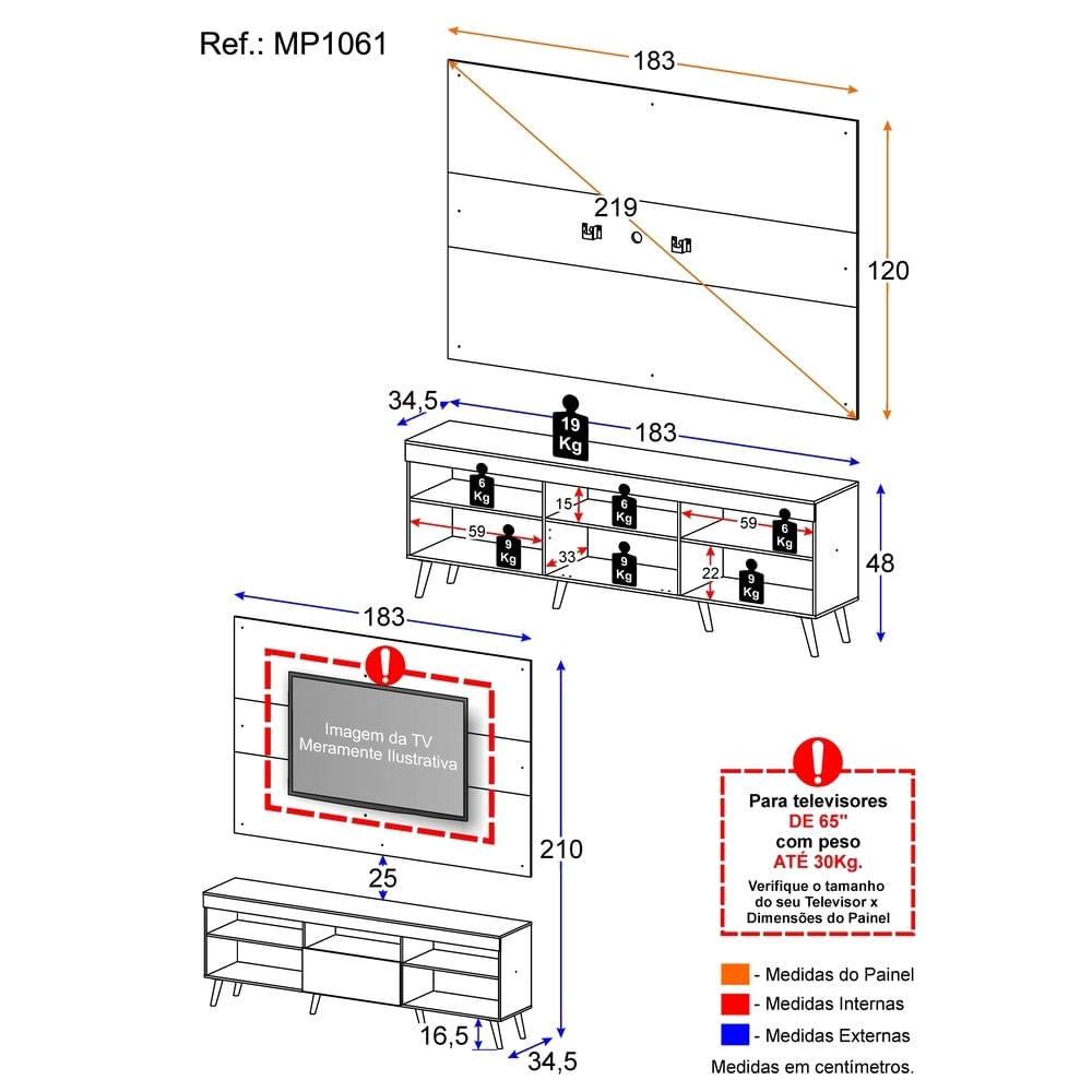 Rack Retrô com Painel e Suporte TV até 65 Polegadas Miami Multimóveis MP1061 Branco/Natural