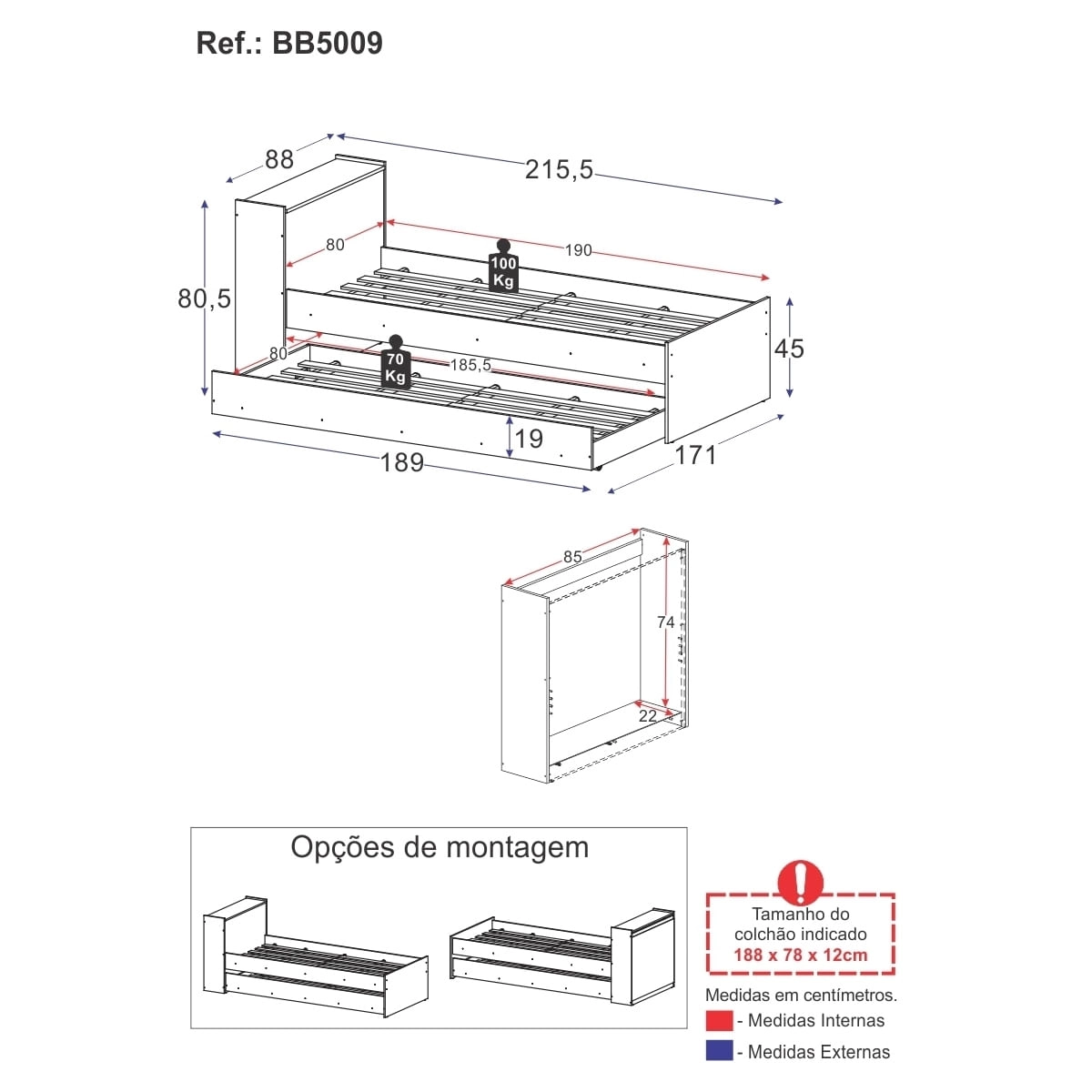 Bicama com Baú Embutido para colchão 78x188cm Cookie Multimóveis BB5009 Branco