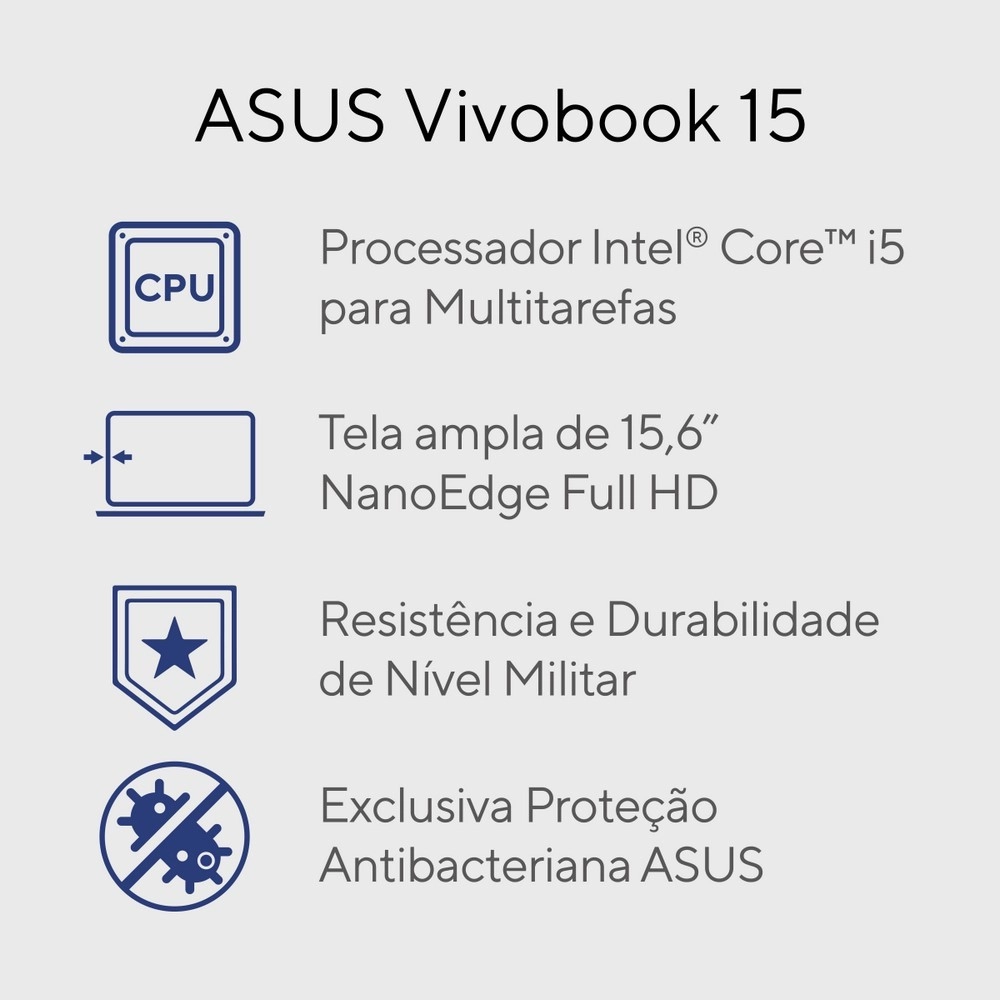 Notebook Asus Vivobook 15 Core i5 8GB 512GB SSD Tela 15,6" Windows 11 Home X1504ZA-NJ987W Azul