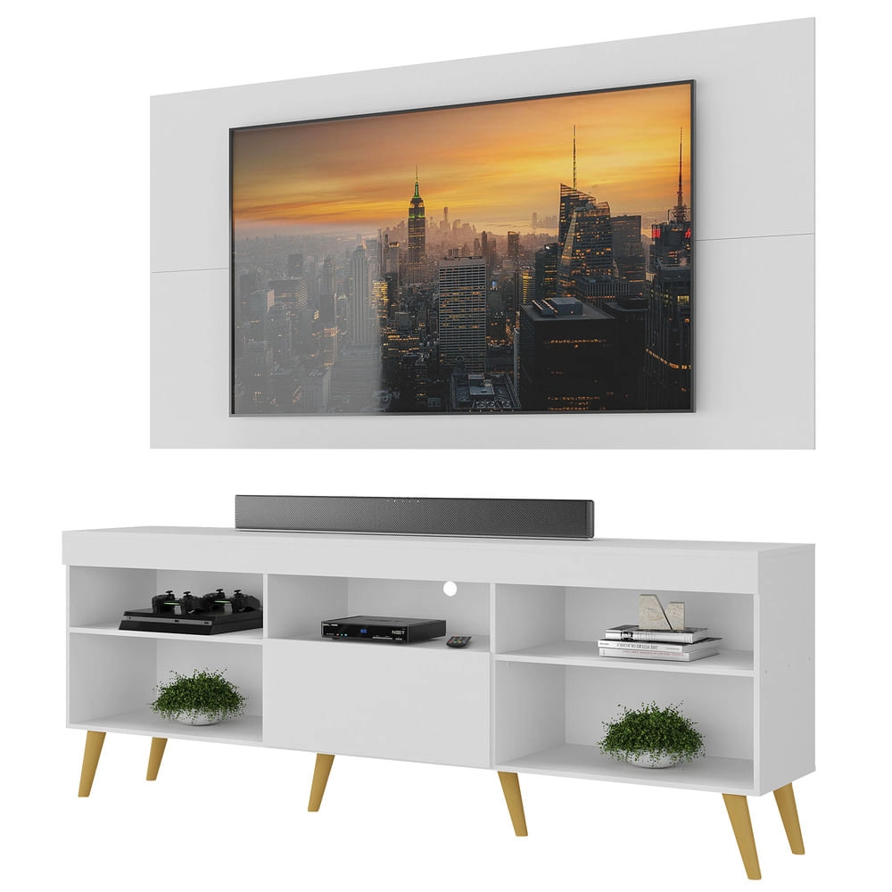 Rack com Painel e Suporte TV 65" Retrô Flórida Up Multimóveis MP1043 Branco/Natural