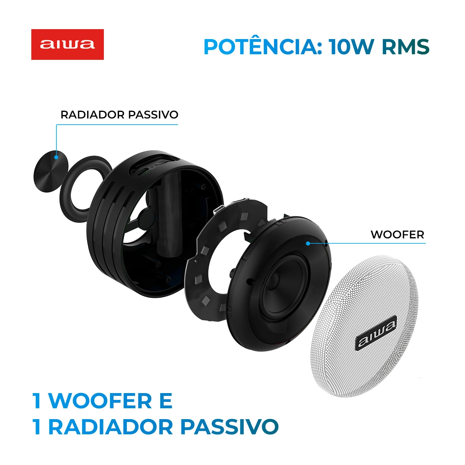 Caixa de Som Speaker AIWA SP-02 10W BT 16H IP65 RGB USB TWS MINI SPEAKER AWS-SP-02 BIV.