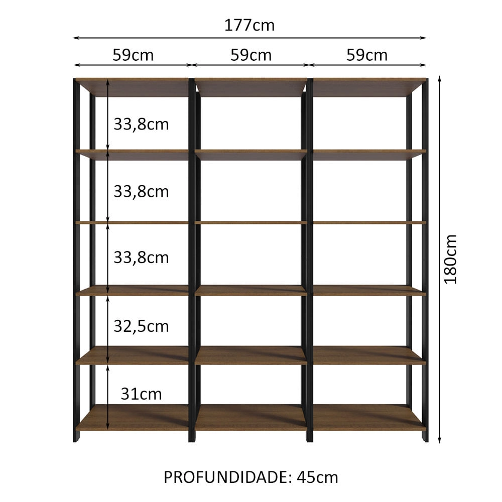 Estante Armário Multiuso para Livros 177cm Rustic/Preto Madesa Cor:Rustic/Preto