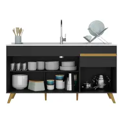 Balcão Cozinha Gabinete Pia 150 cm 3 Portas 1 Gaveta Veneza Multimóveis MP2072 Preto