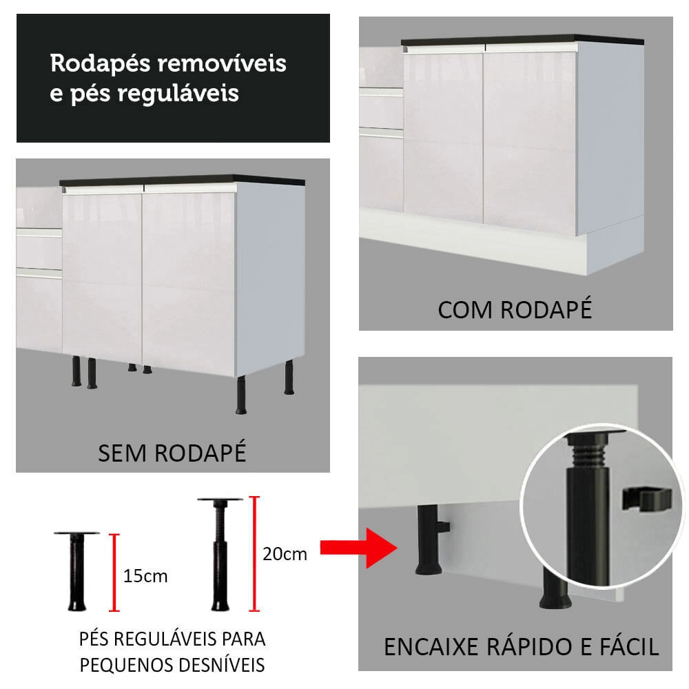 Armário de Cozinha Compacta 100% MDF Madesa Acordes XB190001 com Balcão e Torre Portas Branco Brilho Cor: Branco