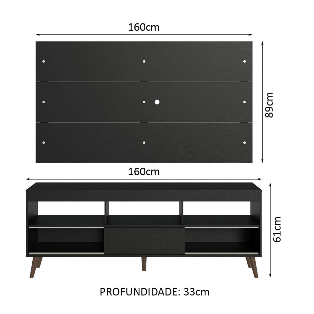 Rack com Painel para TV até 65 Polegadas com Pés Preto Detroit Madesa Cor:Preto