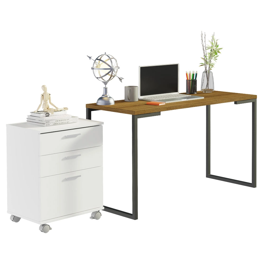 Conjunto Escritório Home Office com Mesa Industrial + Gaveteiro Rustic/Branco Madesa Cor:Rustic/Branco