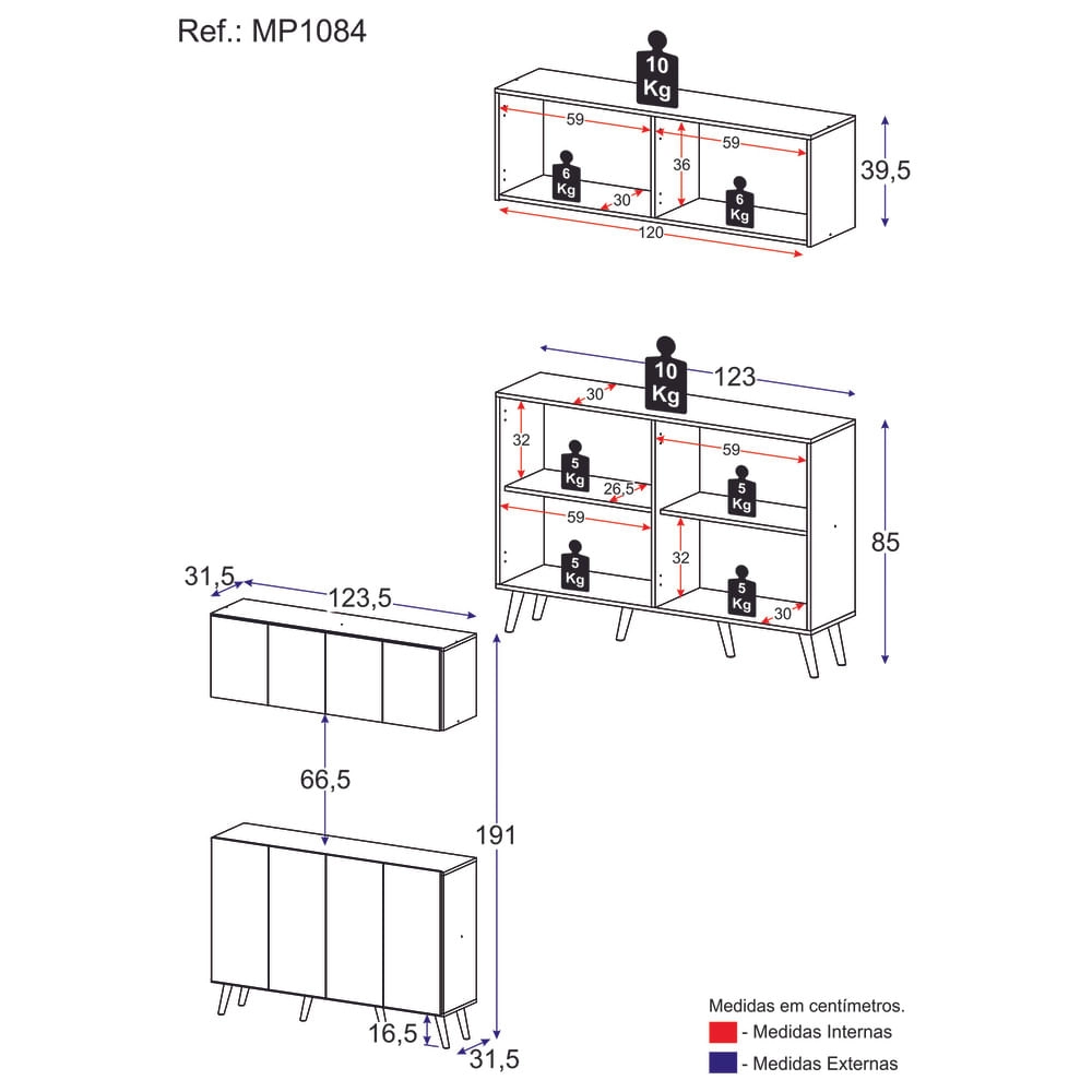 Conjunto Cantinho do Café Retrô Armário e Aparador 4 portas Multimóveis MP1084 Branco/Preto