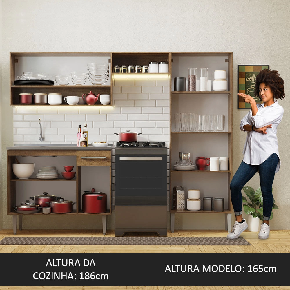 Armário de Cozinha Compacta 229cm com Pia Rustic Emilly Madesa 10 Cor:Rustic