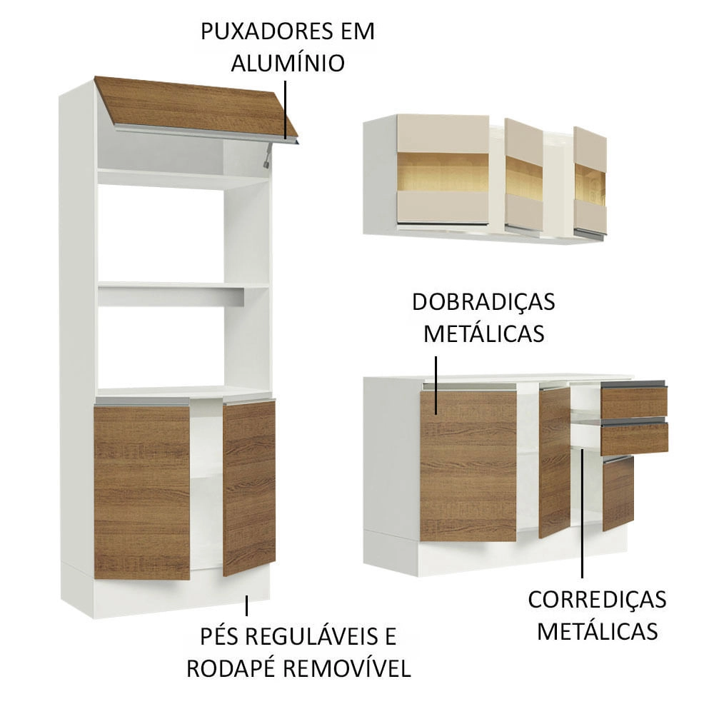 Cozinha Compacta 100% MDF Madesa Smart 190 cm Com Armário, Balcão e Tampo Branco/Rustic/Crema Cor:Branco/Rustic/Crema