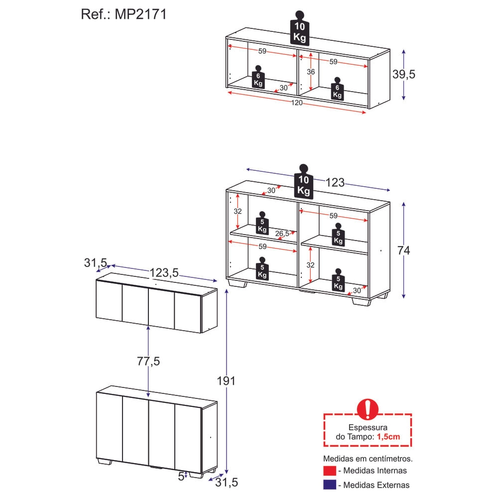 Kit Armário de Cozinha Aéreo e Balcão 4 Portas Multimóveis MP2171 Rustic/Preto